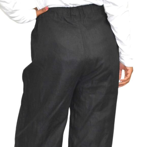 Black Linen Pant Embroidery Border Hem Floral Elastic High Waist Straight Medium - Picture 6 of 14